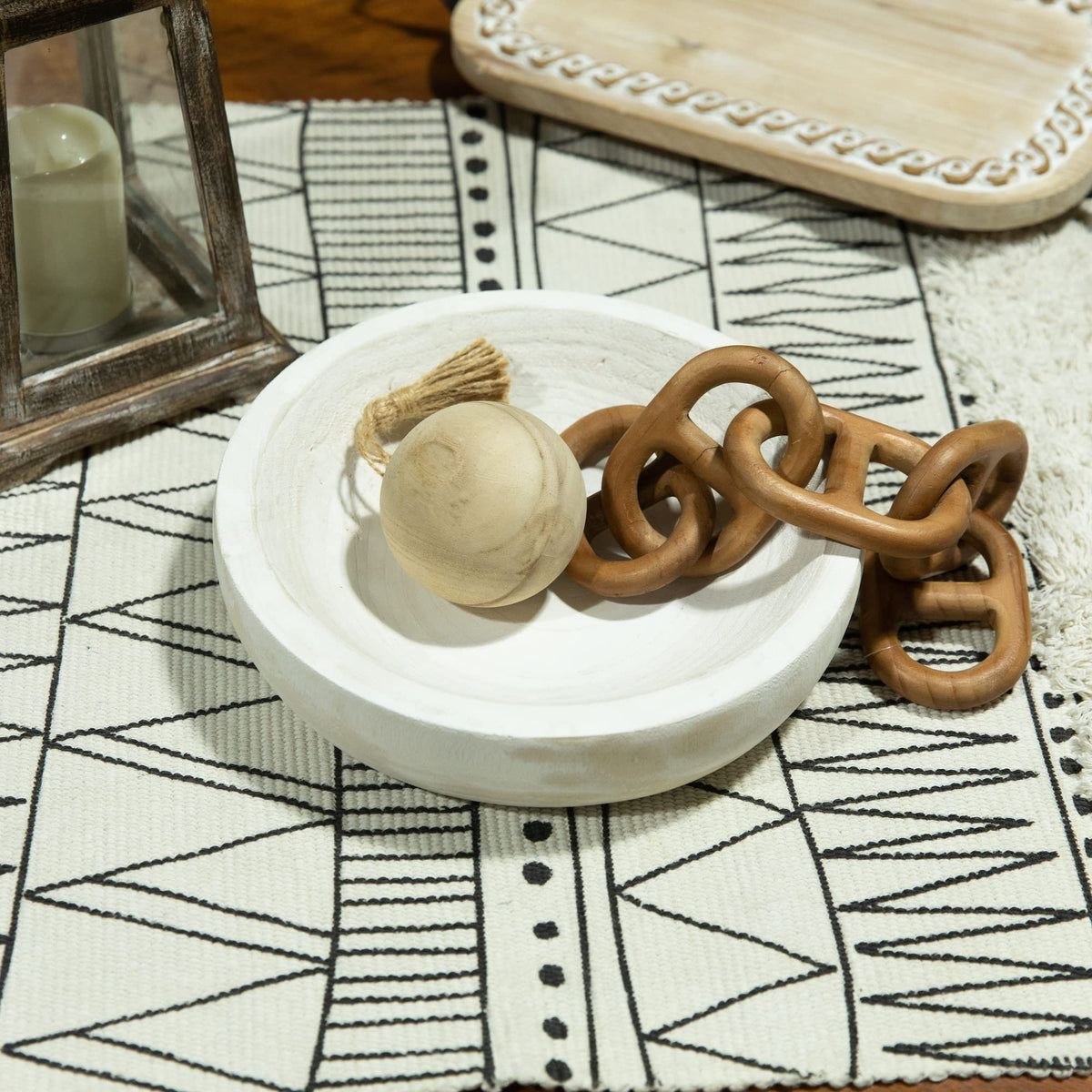 COLLECTIVE HOME - Paulownia Wood Hand Carved Tray, Fruit Snack Holder, Decorative Bowl, Rustic Home Decor Accessories for Coffee Table, Living Room, Wedding Centerpiece, 10" (washed white)