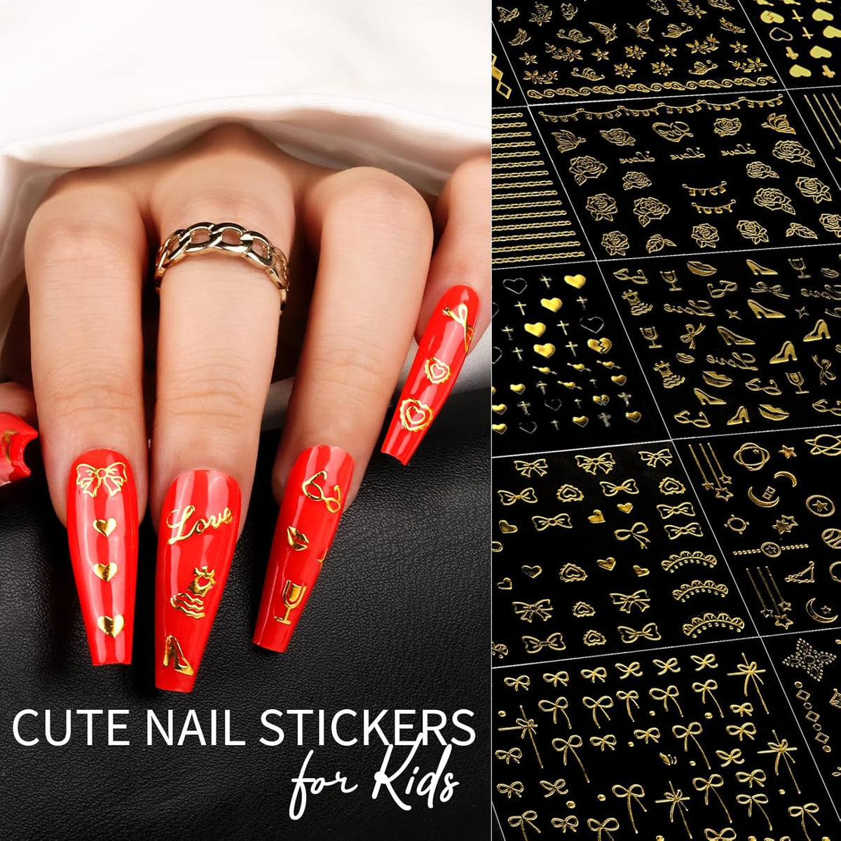Teenitor 50 Sheets Nail Stickers for Nail Art, Nail Decals Gold Nail Stickers for Kids Women in Fall Winter Halloween Christmas, Nail Decorations