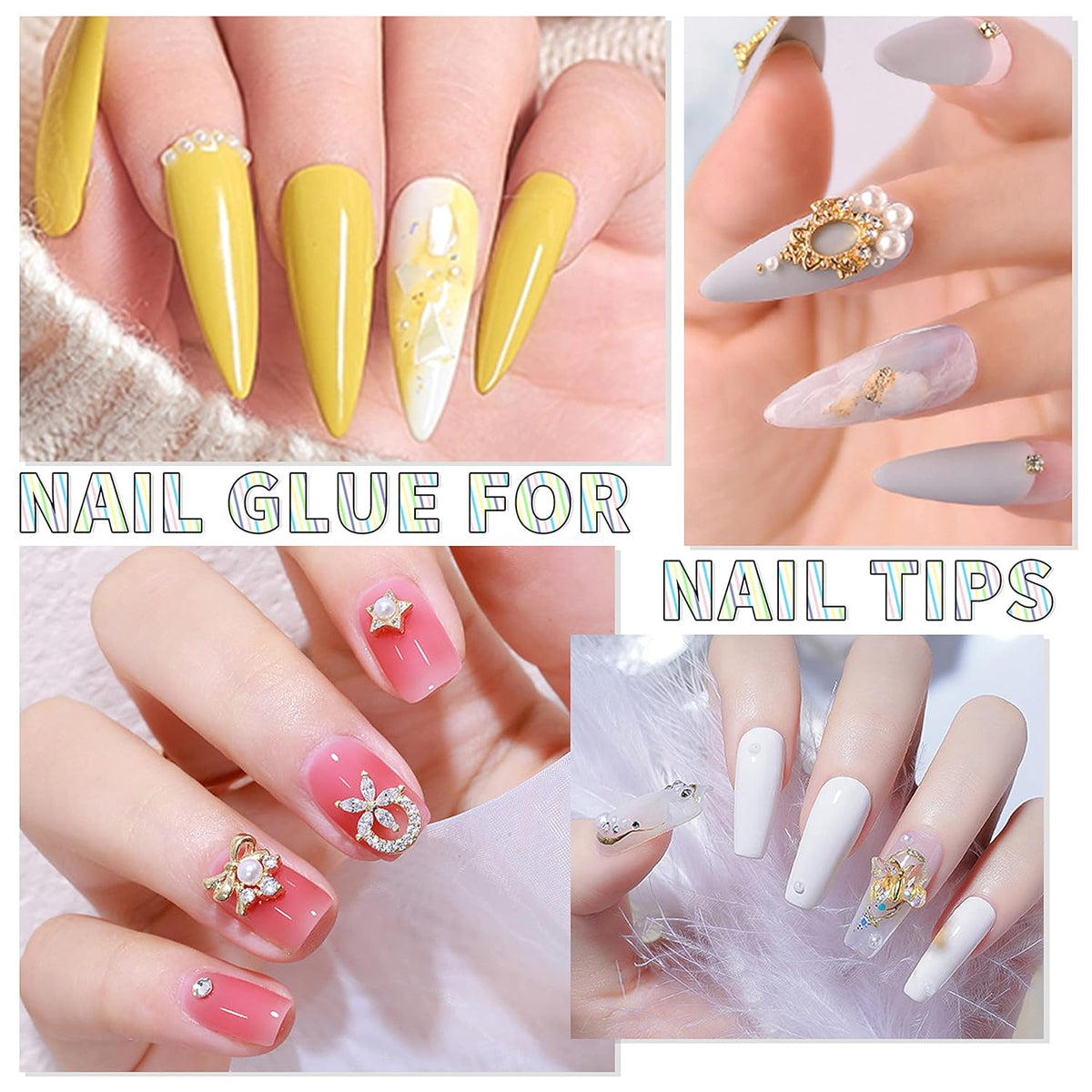 AIJIMEI 5 in 1 Nail Glue Gel False Nail Glues for Acrylic Nails Nail Tips Clear Press On Nail Gel Base Coat Top Coat Nail Extension Gel Adhesive Rhinestone Glue Nail Strengthener Required