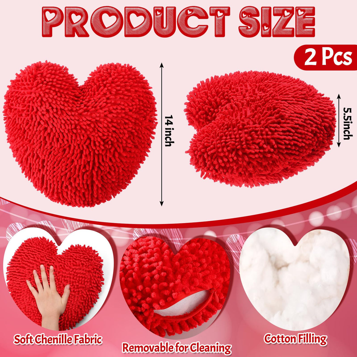 Memorywuu 2 Pcs Heart Shaped Pillow 14 Inch Heart Chenille Pillow Cushion Plush Soft Throw Cushion with Removable Cover for Sofa Couch Bed Women Girls Gifts(Red)