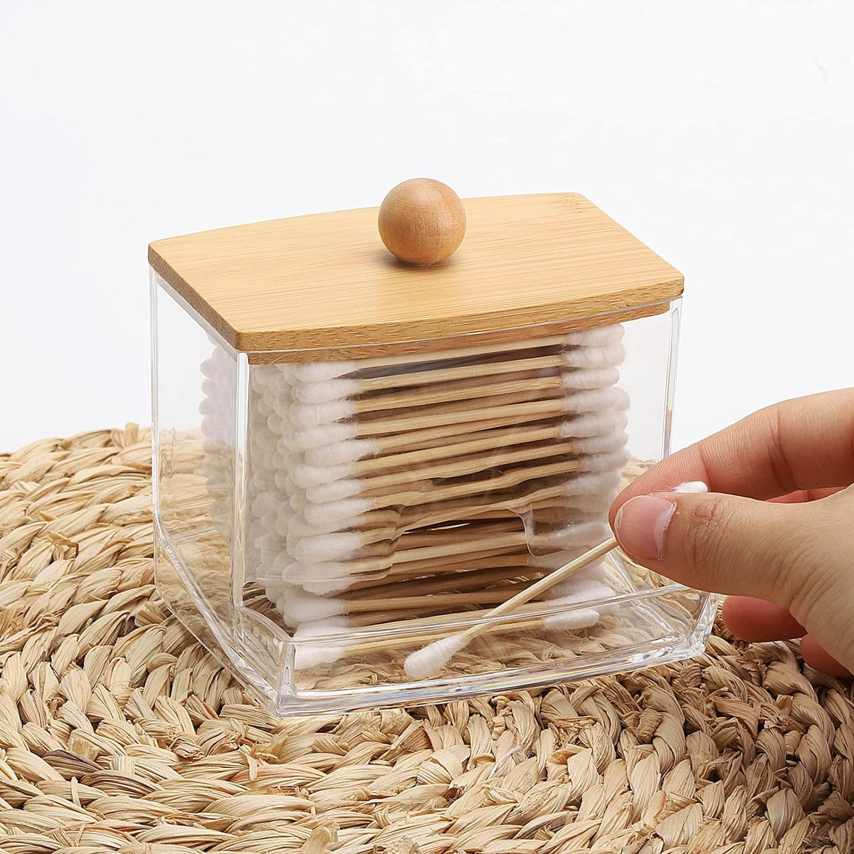 Tbestmax 2 Pack 10oz Qtip Holder Dispenser with Bamboo Lids, Big Clear Bathroom Organizer Accessories Decor for Storage-Qtips Cotton Ball Holder Apothecary Jars, Cotton Swabs, Floss Container