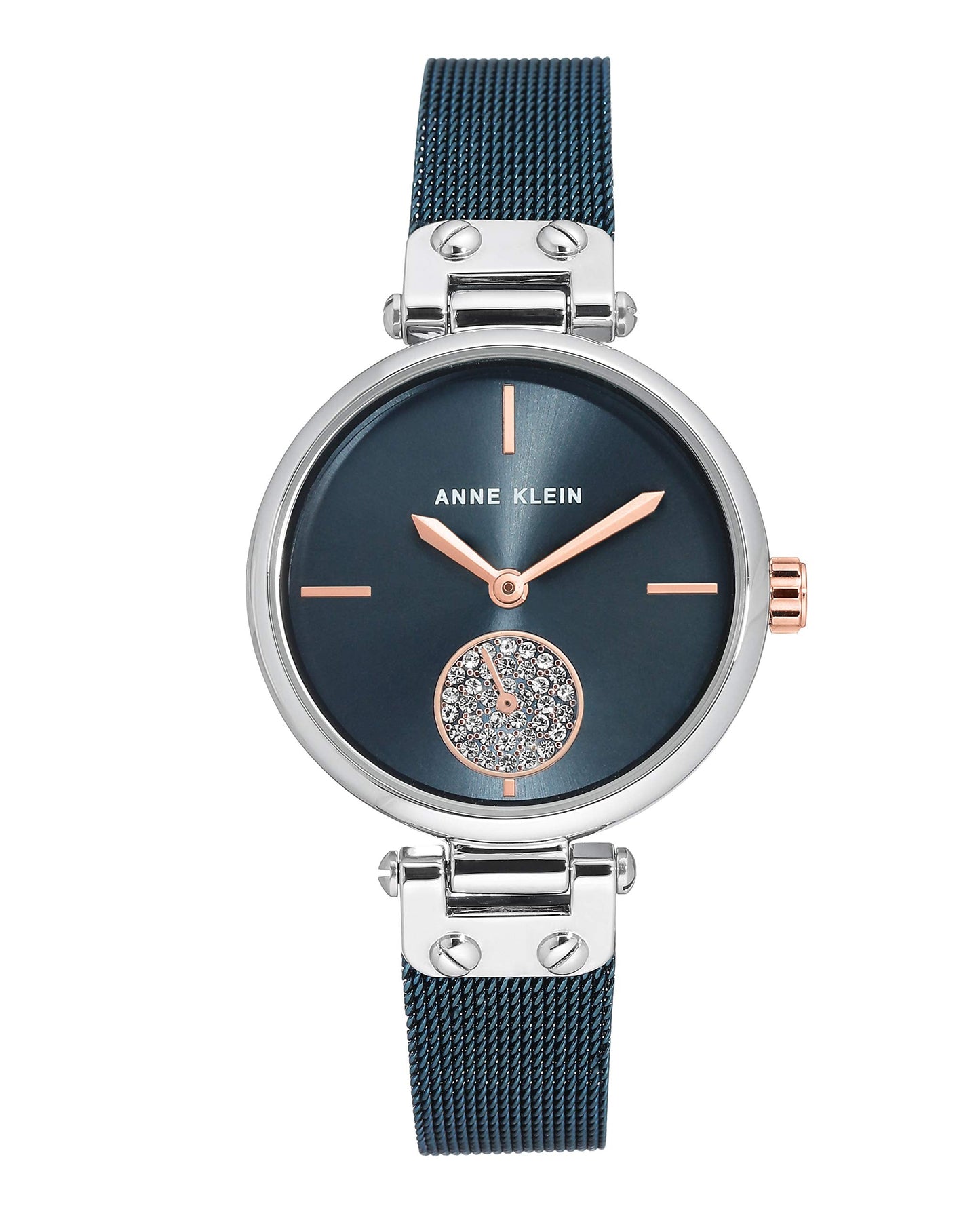 Anne Klein Women's Premium Crystal Accented Silver-Tone and Blue Mesh Bracelet Watch