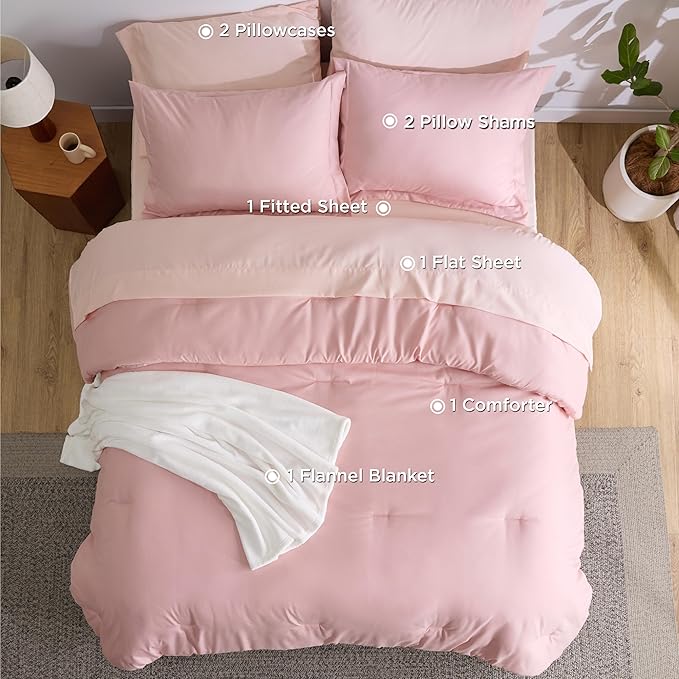 Bedsure Queen Comforter Set Pink, 8 Pieces Prewashed Queen Size Bed in a Bag with Soft Fleece Bed Blanket, Down Alternative Bedding Set for All Seasons, Sheets, Pillowcases & Shams