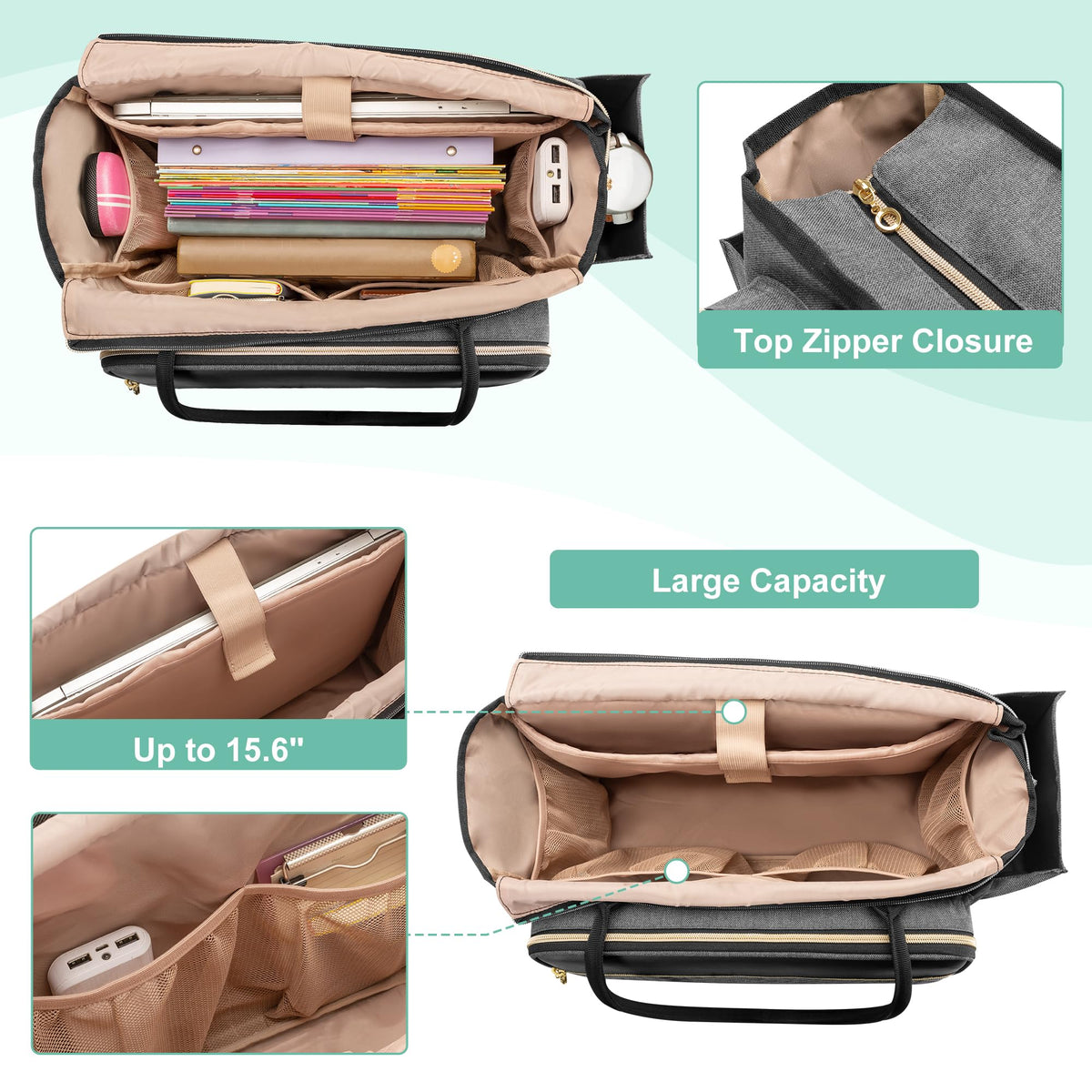 LUXJA Teacher Tote Bag with Accordion File Pocket, Teacher Bag for Women with 15.6 Inch Laptop Compartment, Gray