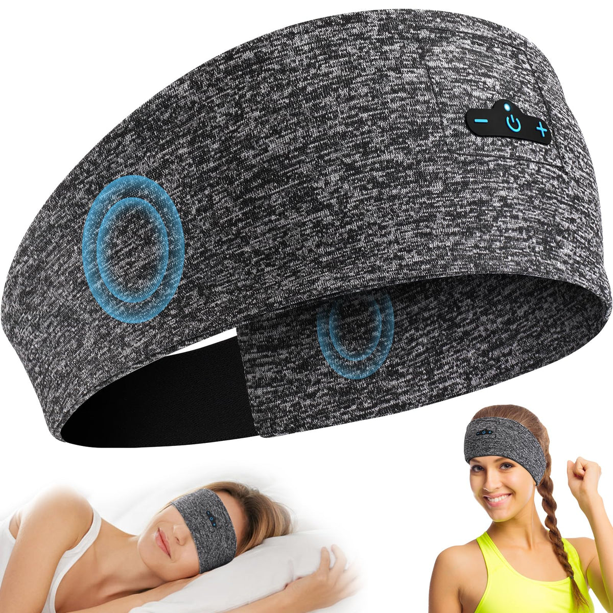 Headband Headphones Bluetooth 5.2 Headband for Side Sleeper, 14 Hour Playtime, Wireless Headband with HD Stereo Speakers for Workout,Running,Yoga, Ideal Gifts for Men, Women, Teens, Grey