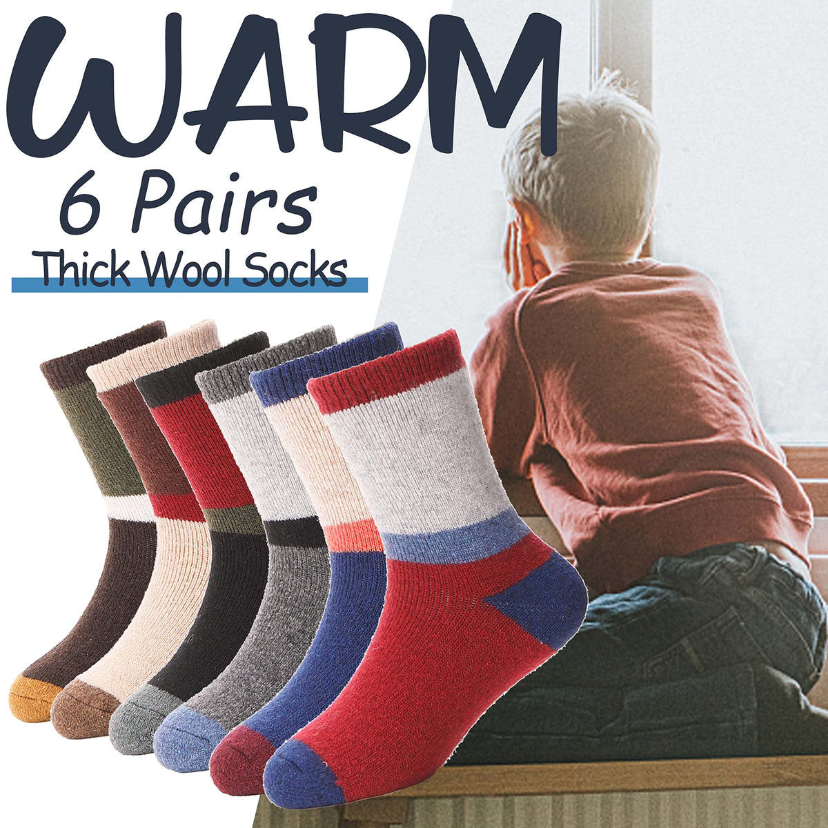 EBMORE Kids Merino Wool Socks for Toddlers Boys Girls Warm Thermal Winter Thick Hiking Heavy Cozy Crew Boot Socks 6 Pairs (Color Block,1-3 Y