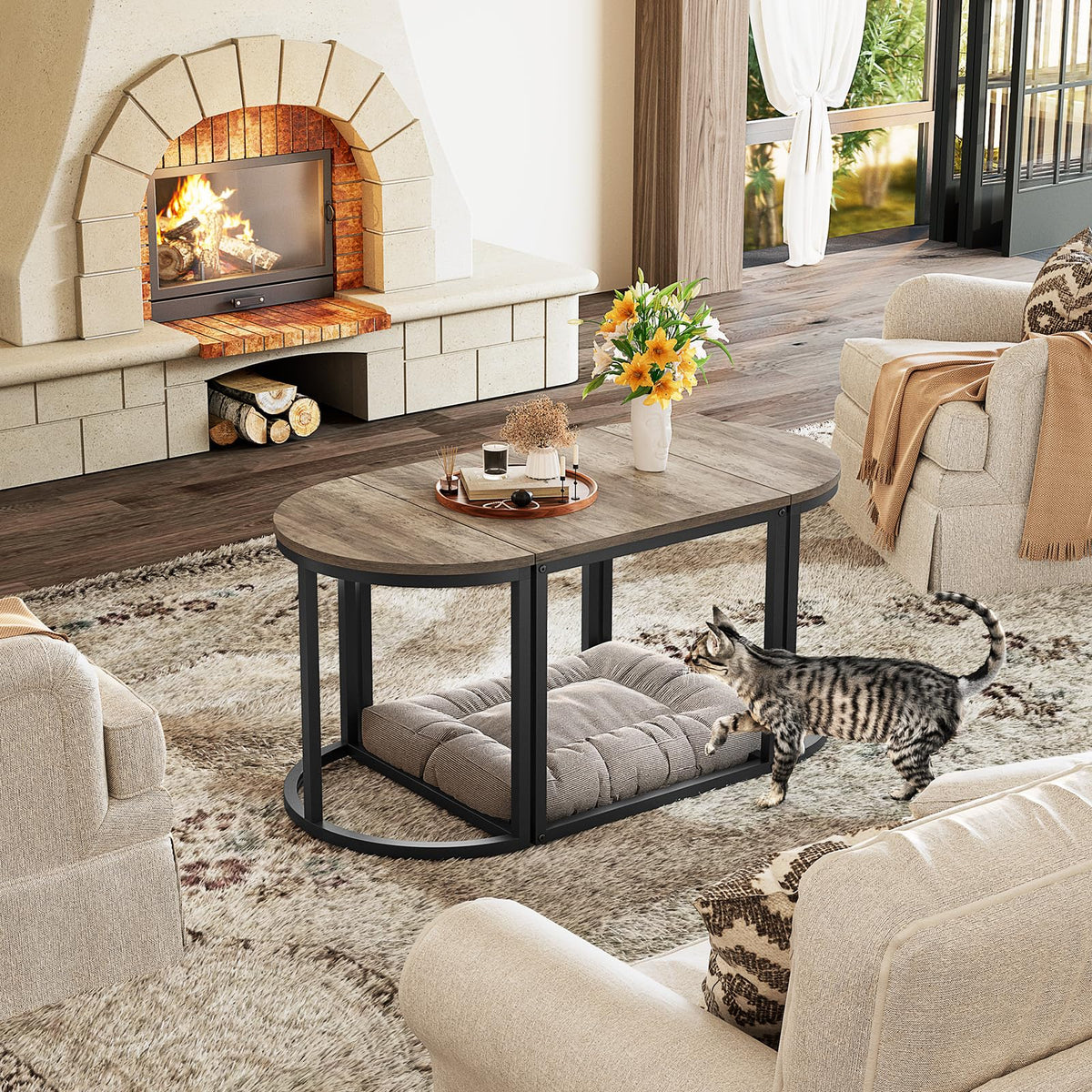 GreenForest Coffee Table Oval 3pcs Set, Modern Living Room Table with 2 End Tables, Small Center Table with Metal Frame for Home Apartment, Gray Wash