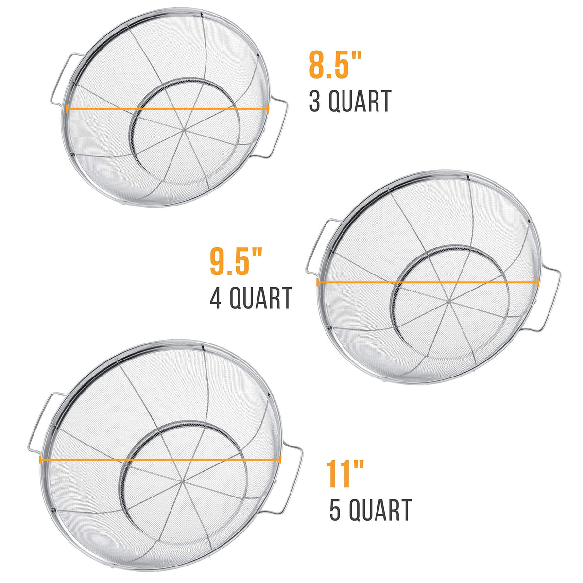 U.S. Kitchen Supply Set of 3 Stainless Steel Colander Strainers Net Baskets - 11", 9.5" & 8.5" Sizes - Colander with Handles & Resting Base - Stainless Steel Sieve, Strainers and Colanders for Kitchen