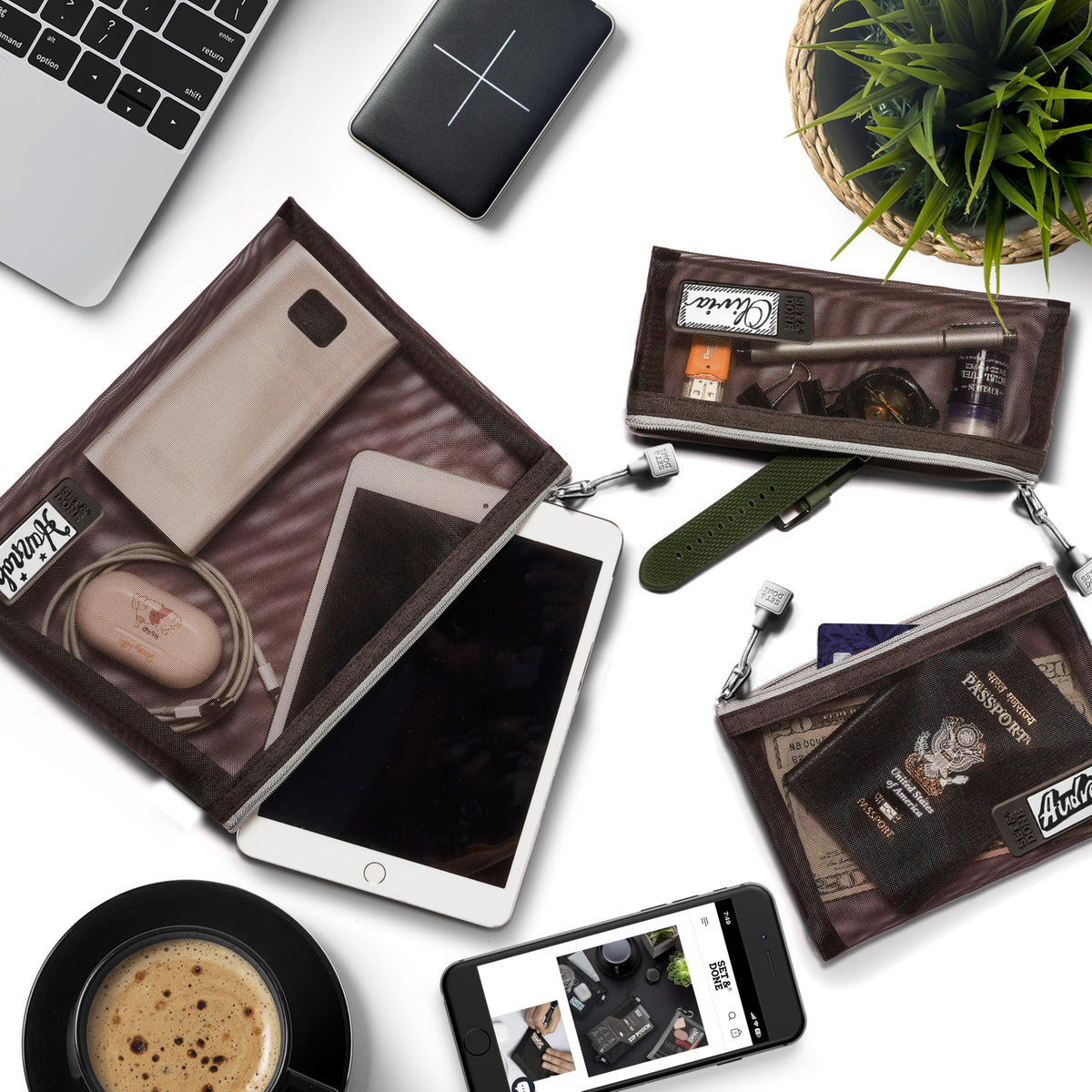 Pack of 3 Nylon Zipper Mesh Pouch Set with Name Tab - Premium Travel Organizers - Mesh Bags for Ultimate Organization - Ideal for Diaper Bag and Makeup Storage - Espresso Brown.