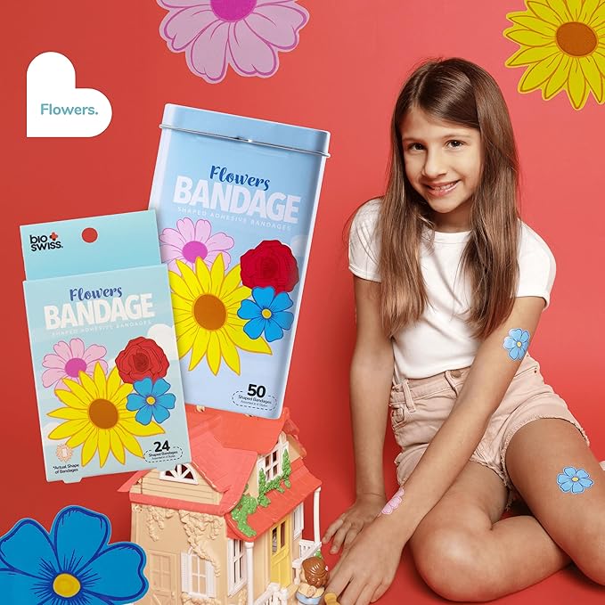 BioSwiss Bandages, Flowers Shaped Self Adhesive Bandage, Latex Free Sterile Wound Care, Fun First Aid Kit Supplies for Kids and Adults, 50 Count