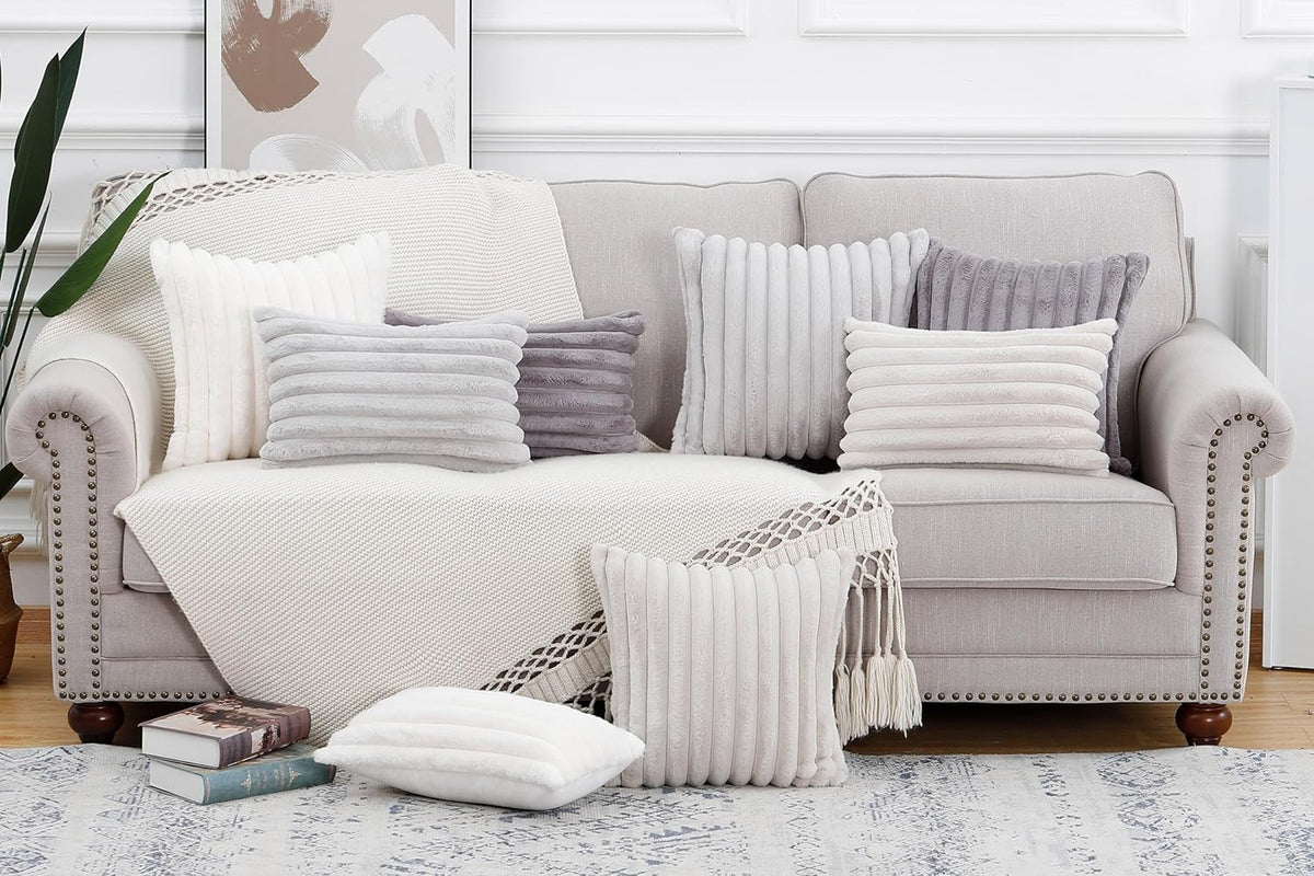 MADIZZ Set of 2 Faux Wool Plush Decorative Throw Pillow Covers 16x16 Inch Light Grey Fluffy Striped Soft Decorative Cushion Cover for Sofa Bedroom Pillow Shell