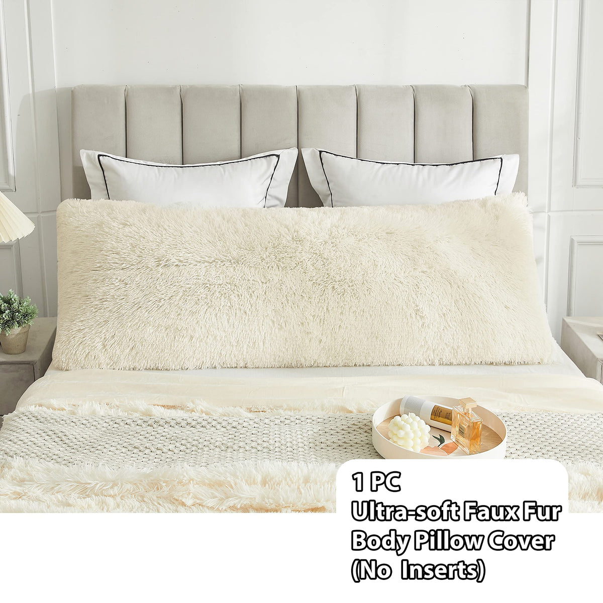 LIFEREVO Off White Body Pillow Cover,Luxury Shaggy Ultra Soft Plush Faux Fur Pillowcase 20"x54" for Bed Couch,Microfiber Long Pillowshams for Pregnant Women/Mother/Wife(Light Beige)