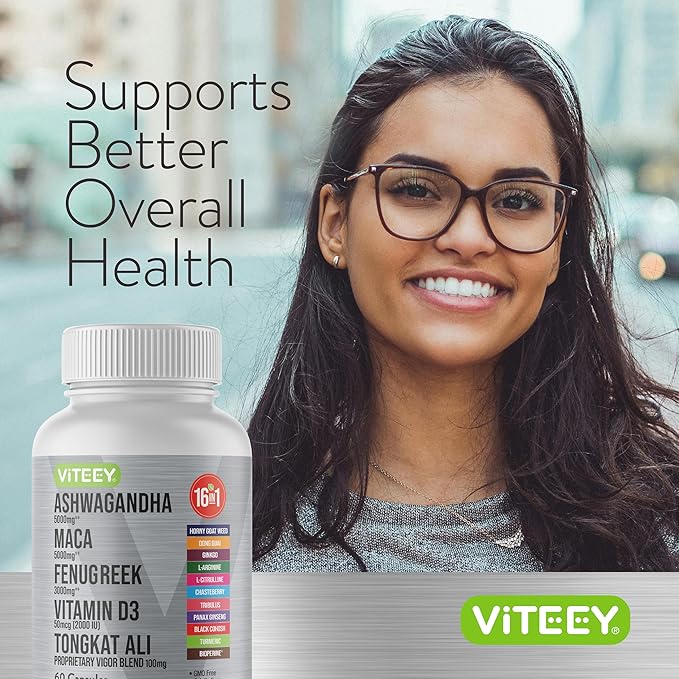 Ashwagandha 5000mg, Black Maca Root 5000mg, Fenugreek 3000mg, Vitamin D3 2,000 IU with Tongkat Ali & Proprietary Vigor Blend 100mg - Calm, Relax, Mood Support for Women & Men - 60 Capsules