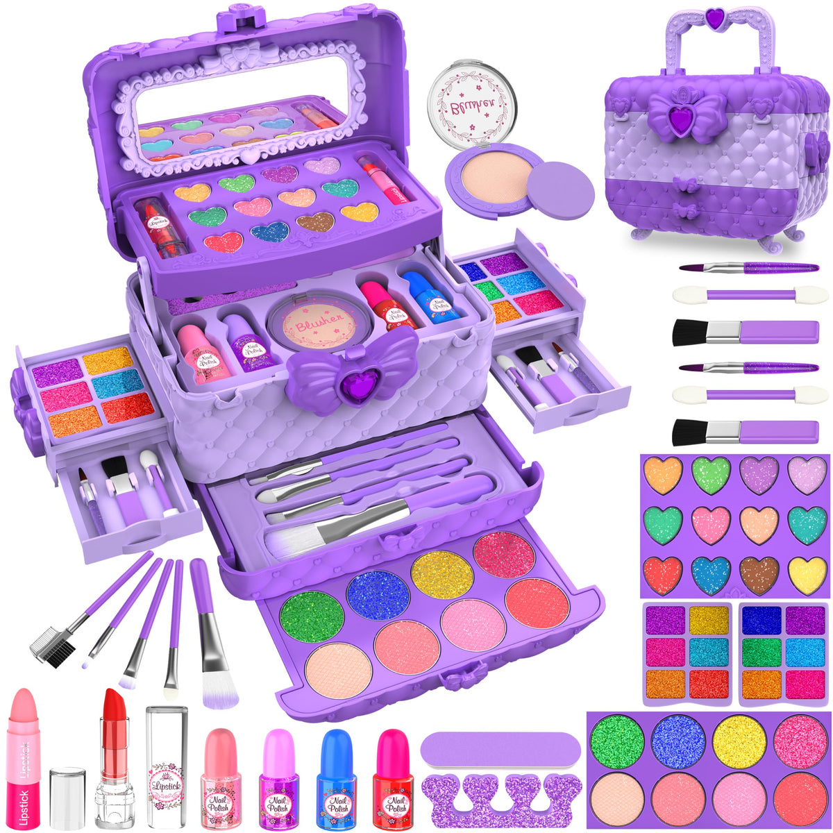 54 Pcs Kids Makeup Kit for Girls, Princess Real Washable Pretend Play Cosmetic Set Toys with Mirror, Birthday Gifts for 3 4 5 6 7 8 9 10 Years Old Girls Kids (Purple)