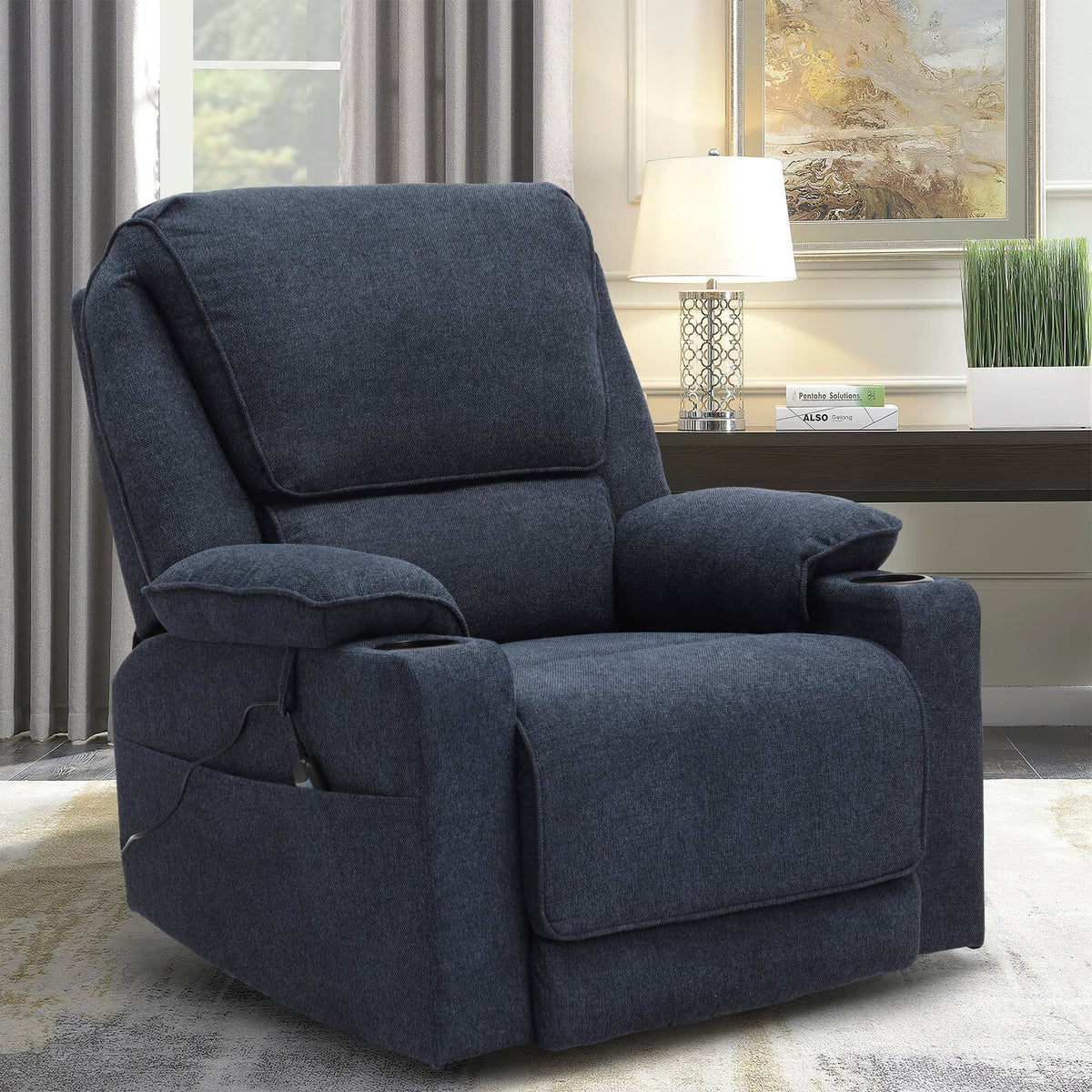 LOUVIXA Swivel Glider Recliner Chair for Adults,Manual Recliner with Massage and Heat, Linen Cotton Fabric Ergonomic Lounge Chair with Cup Holder for Living Room, Bedroom, Nursery (Navy Blue)