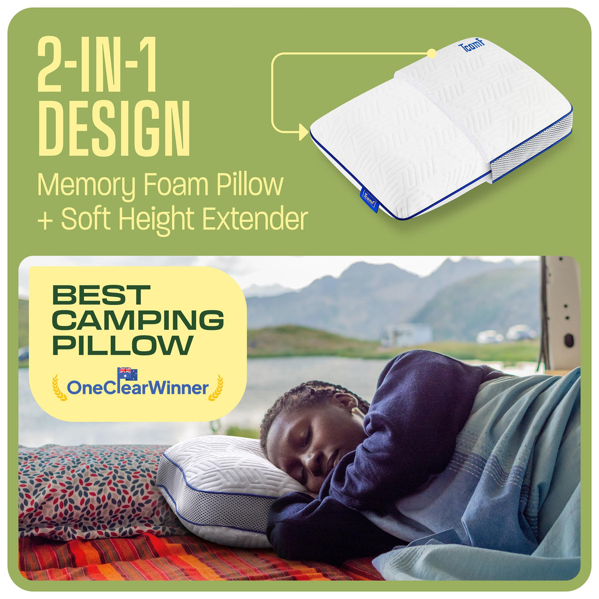 TCOMF Camping Pillow: Dual Cover, Memory Foam Travel Pillow, Medium Firm Camp Pillow, Camping Pillows for Sleeping, 5 Layers for Support, Small Travel Pillow,Small Portable Pillow 10x16 Inches (White)