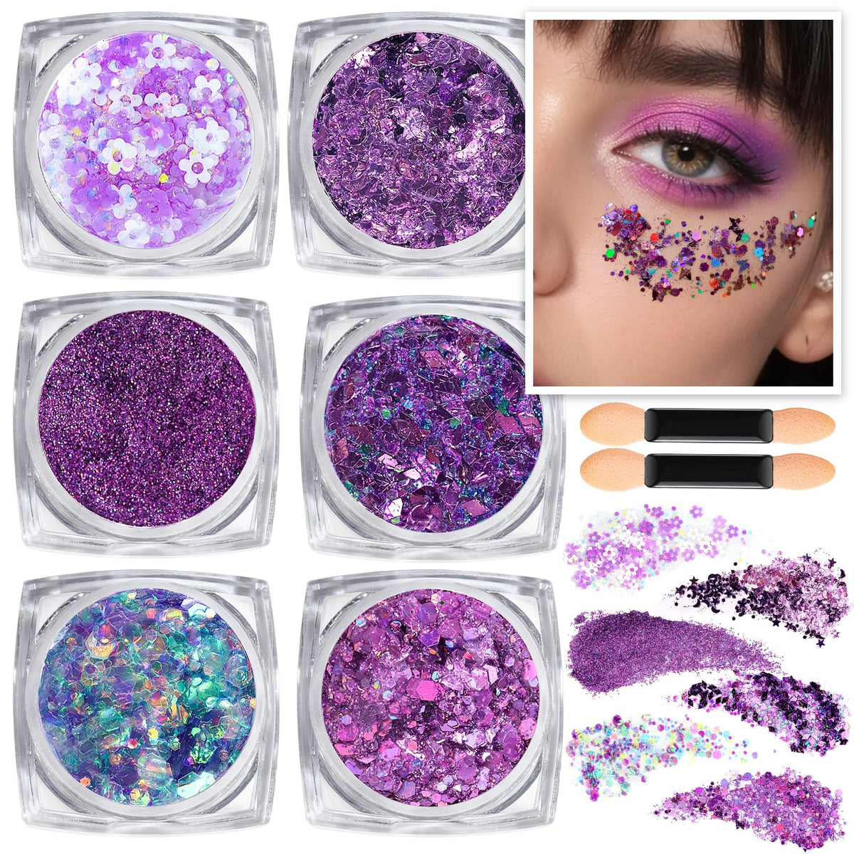Teenitor Body Glitter Gel - Purple Face & Body Glitter Set, 6 Shapes, Hair Glitter Gel, Makeup Glitters for Face, Body, Hair