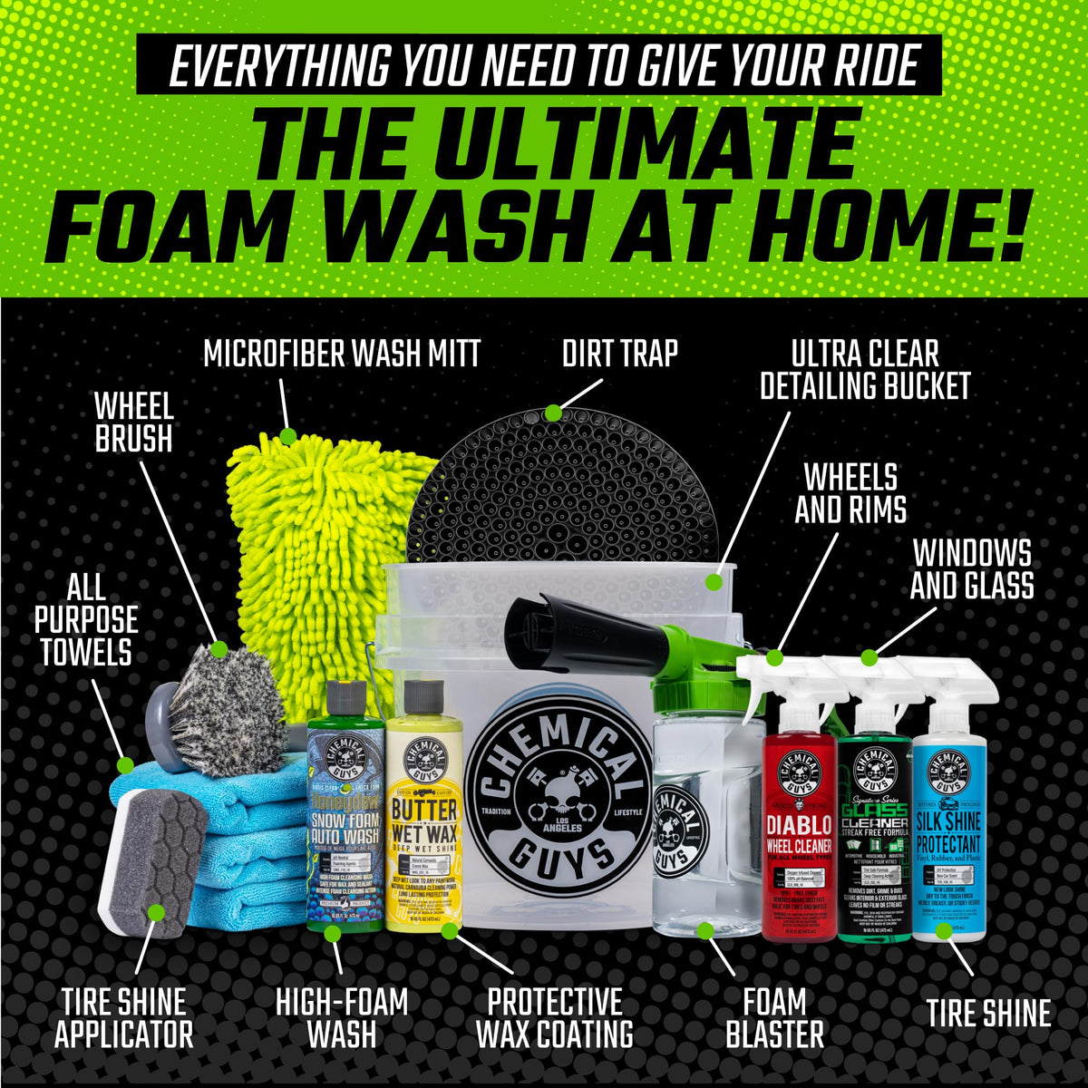 Chemical Guys HOL126 14-Piece Arsenal Builder Car Wash Kit with Foam Gun, Bucket, and (5) 16 oz Car Care Cleaning Chemicals, Gift for Car & Truck Lovers, Dads and DIYers (Works w/Garden Hose)
