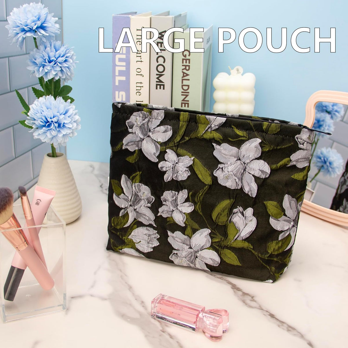 PAZIMIIK Makeup Bag Large Cotton Zipper Pouch for Purse Travel Canvas Make Up Organizer for Women Cosmetic,Brocade Floral Black