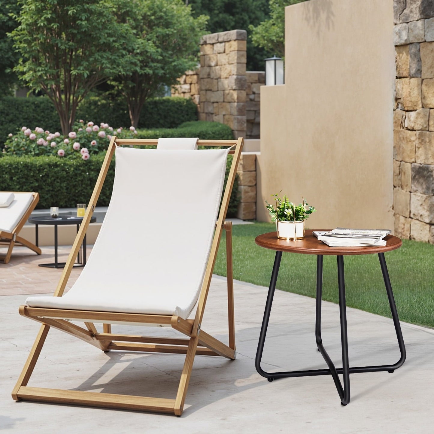 Xilee Outdoor Side Table with Imitation Wood Tabletop,19 Inch Round Table, Anti-Rust Waterpoof Metal Small Dining Table for Patio, Outside, Camping, Balcony
