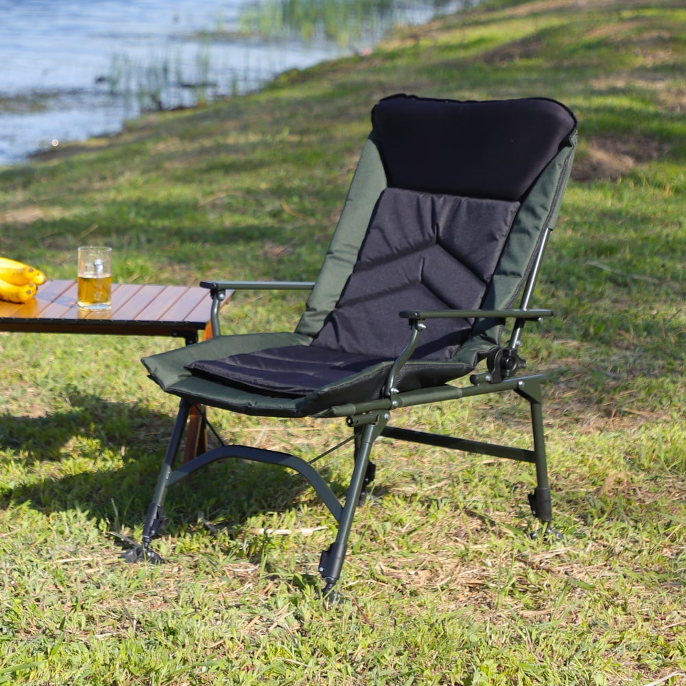 Tcbosik Folding Camping Chair with Adjustable Backrest, Portable Reclining Chair for Adults, Outdoor Lawn Chair for Hiking Fishing Picnic, Black & Green