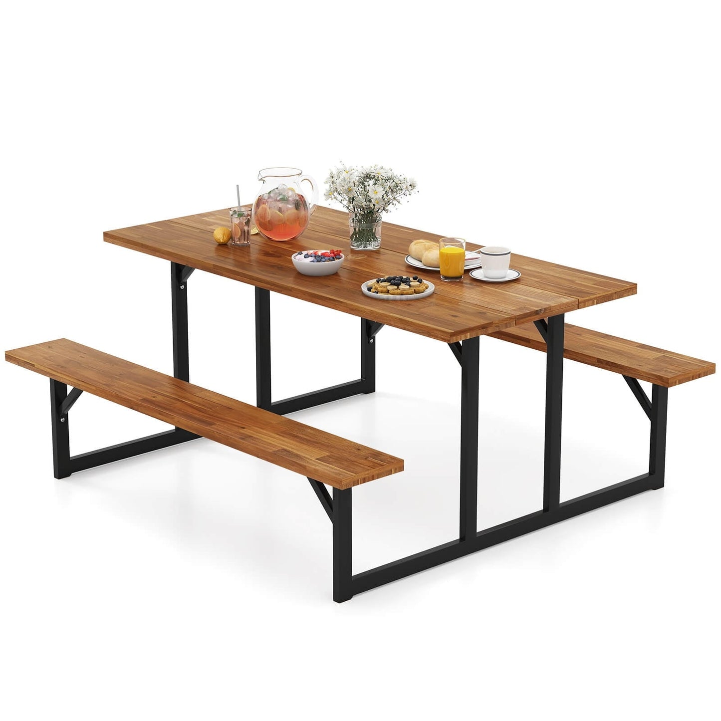 Costway 6-Person Acacia Wood Picnic Table with 2 Built-In Benches Umbrella Hole Metal Frame