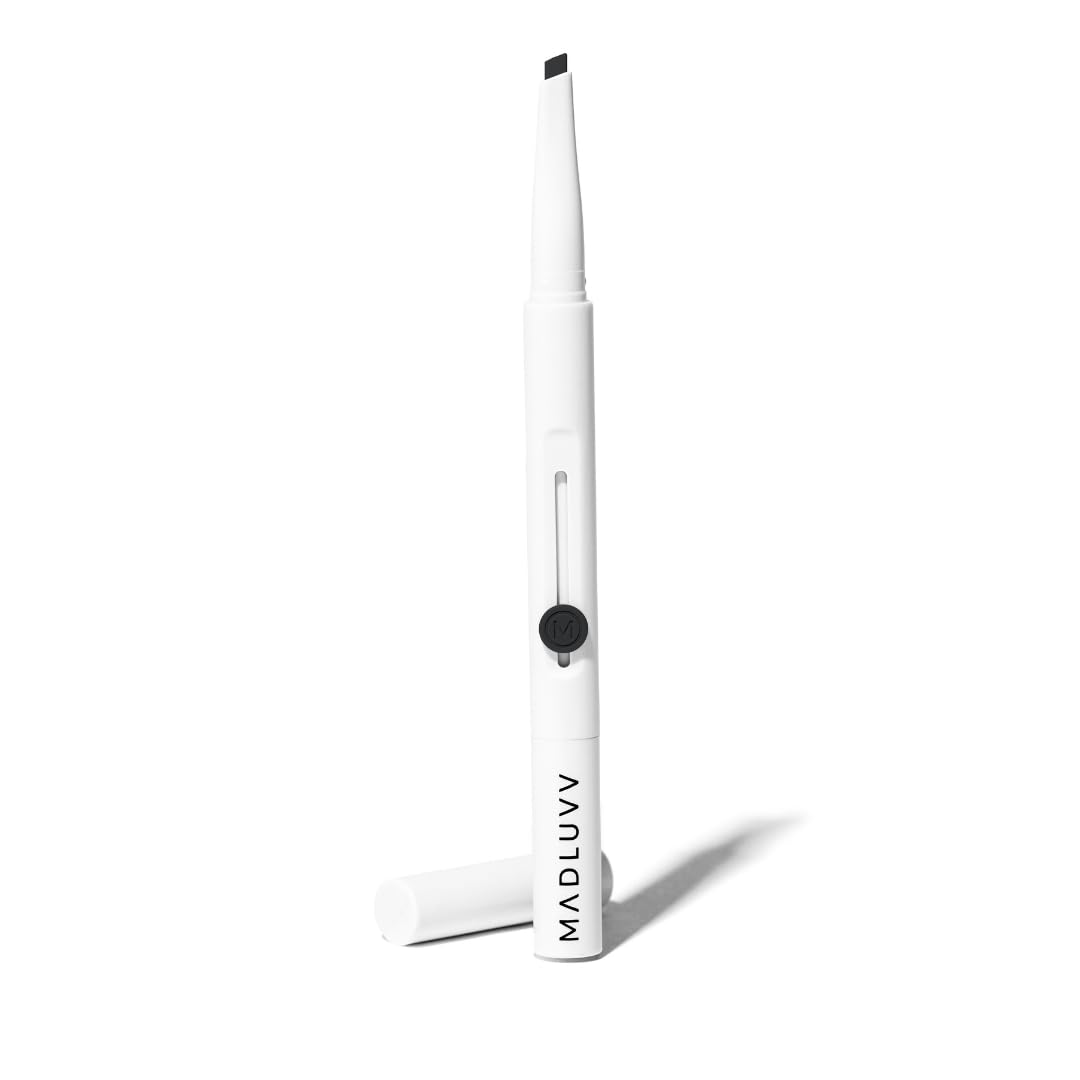 MADLUVV Exacto Brow Pencil for Flawless, Long Lasting, Realistic Brows with Dual-Ended Design Featuring Retractable Blade Tip for Precise Hair Like Detail and Blending Brush - Nearly Black