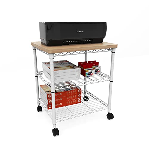 Safco Deskside Printer Stand, Printer Table for Home Office, Mobile Rolling Cart with Adjustable Shelves, White