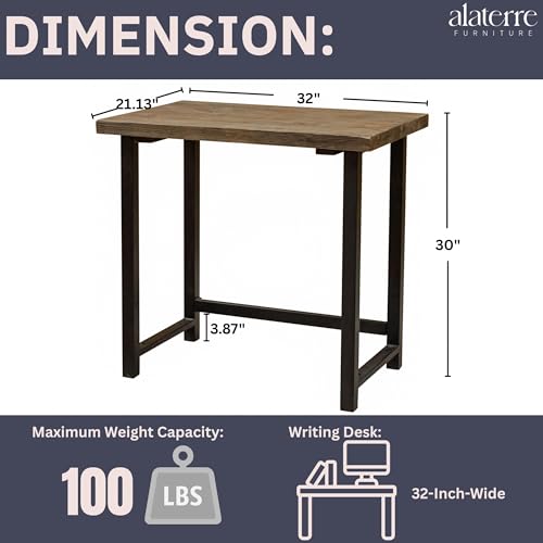 Pomona 32-Inch Compact Writing Desk with Solid Wood Top and Metal Frame – Rustic Industrial Style Small Home Office Desk with Durable Lacquer Finish and Floor Levelers by Alaterre Furniture (Natural)