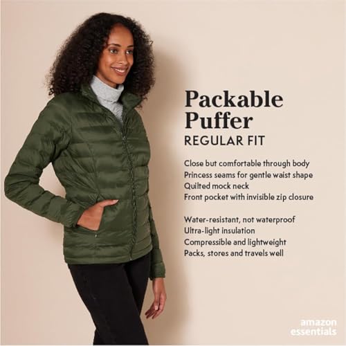 Amazon Essentials Women's Lightweight Long-Sleeve Water-Resistant Packable Puffer Jacket (Available in Plus Size), Stone, Large