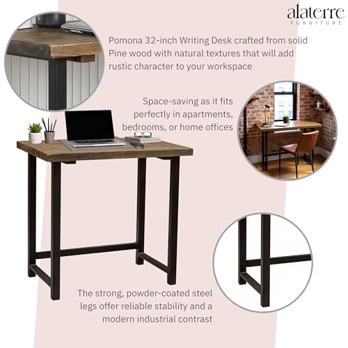 Pomona 32-Inch Compact Writing Desk with Solid Wood Top and Metal Frame – Rustic Industrial Style Small Home Office Desk with Durable Lacquer Finish and Floor Levelers by Alaterre Furniture (Natural)
