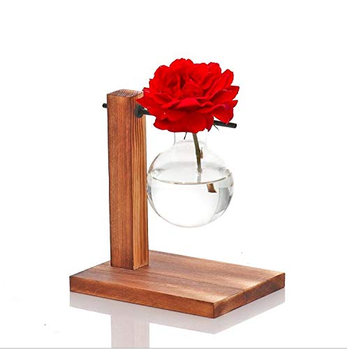Kingbuy Glass Planter Bulb Vase Desktop Plant Terrarium with Retro Solid Wooden Stand for Propagation Hydroponics Water Plants Home Garden Office Decor
