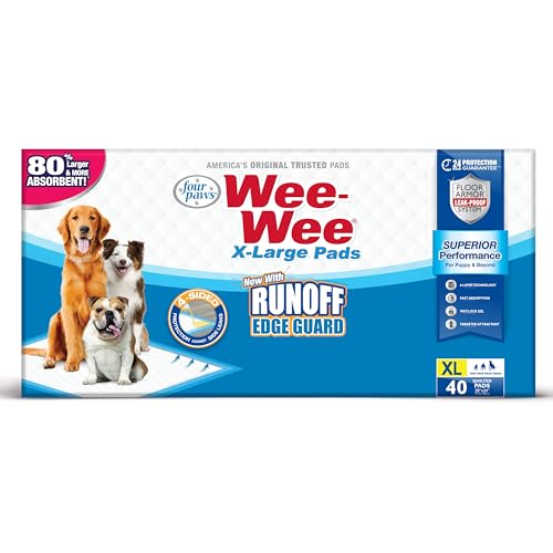 Four Paws Wee-Wee Superior Performance Unscented Extra-Large Pee Pads for Dogs & Puppies, Quilted Leak-Proof Dog Housebreaking Potty Training Floor Protection, 28" x 34", 21 Count