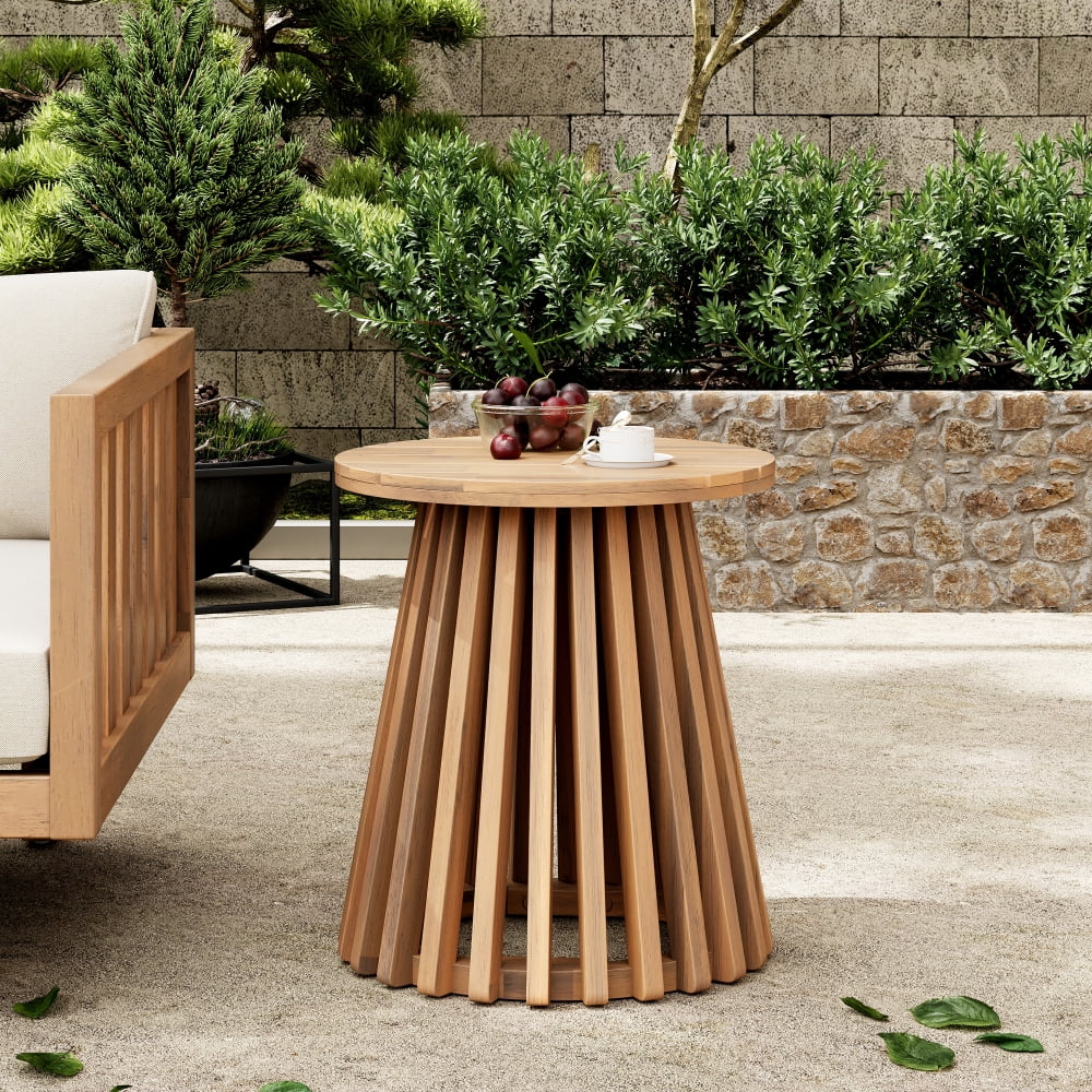 JHSLAJ Outdoor Acacia Wood Patio Side Table, Round Coffee Table for Backyard, Lawn, Balcony,Light Teak