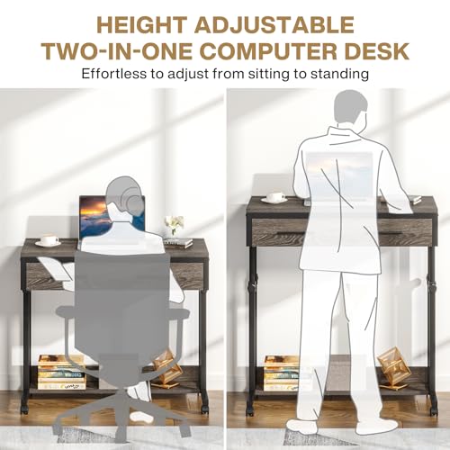 LITTLE TREE Portable Computer Desk with Wheels, Mobile Laptop Desk Table Standing Desk, Small Portable Desk Bed Desk with Drawers for Home Office (Grey, Adjustable Height 27.5'' to 41.3'')