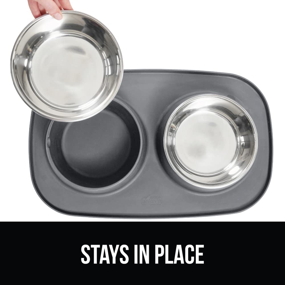 GORILLA GRIP Patent Pending 100% Waterproof BPA Free Cat and Dog Bowls Silicone Feeding Mat Set, Stainless Steel Bowl Slip Resistant Raised Edges, Catch Water, Food, Pet Accessories, 2 Cup, Gray