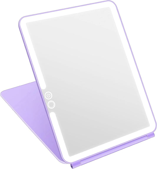deweisn Folding Lighted Makeup Mirror with 72 LEDs 3 Colors Light Modes USB Rechargable 1800mA Batteries Portable Ultra Thin Compact Vanity Mirror Dimmable Travel Mirror