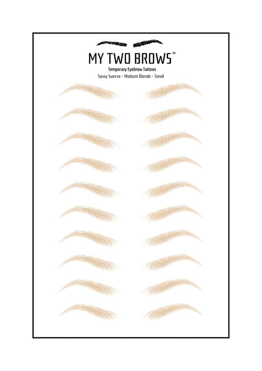 (10 pairs) Medium Blonde Temporary Eyebrow Tattoo - Small Size - Waterproof & Smudgeproof - Sassy Swerve Style Eyebrow Stickers - Sheet Lasts up to 30 Days - Won't Work on Existing Brows