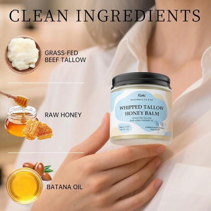 Xishi Beef Tallow for Skin, Grass-Fed Beef Tallow and Honey Balm with Raw Honey and Batana Oil, Fac & Body Moisturizer for Dry, Sensitive, Oily Skin, 4 Oz, Rich