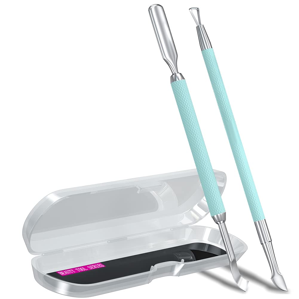 2PCS Metal Teal Cyan Cuticle Pusher and Cutter Remover Salon Stainless Steel Gel Nail Polish Peeler Scraper Durable Professional Manicure Pedicure Cleaner Tool For Fingernail and Toenail