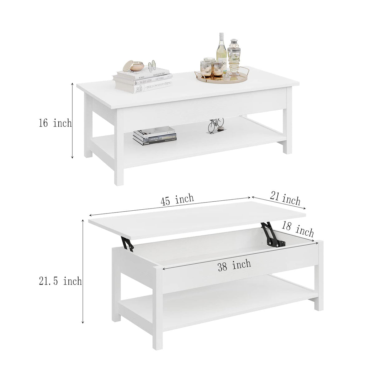 Panana Lift Top Coffee Table with Hidden Compartment and Open Shelf, Lift Tabletop Pop-Up Coffee Table for Living Room, 45.28" L, White