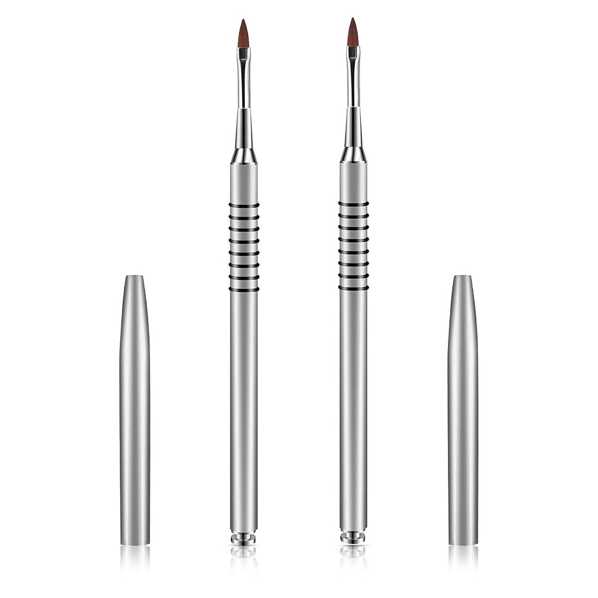2 Pack 3D Nail Art Brush for Acrylic, Kolinsky Acrylic Nail Brushes Set, Nail Lining Brush Nail Salon Painting Brush Pen with Non-Slip Handle, Silver Metal Nail Art Pen (Size #2)