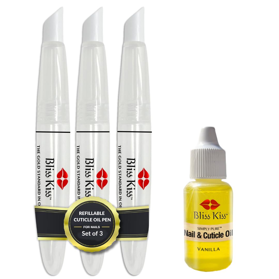Bliss Kiss Simply Pure Dropper with Refillable Cuticle Squeeze Pens 3-Pack Kit (Vanilla, 3-Pens)