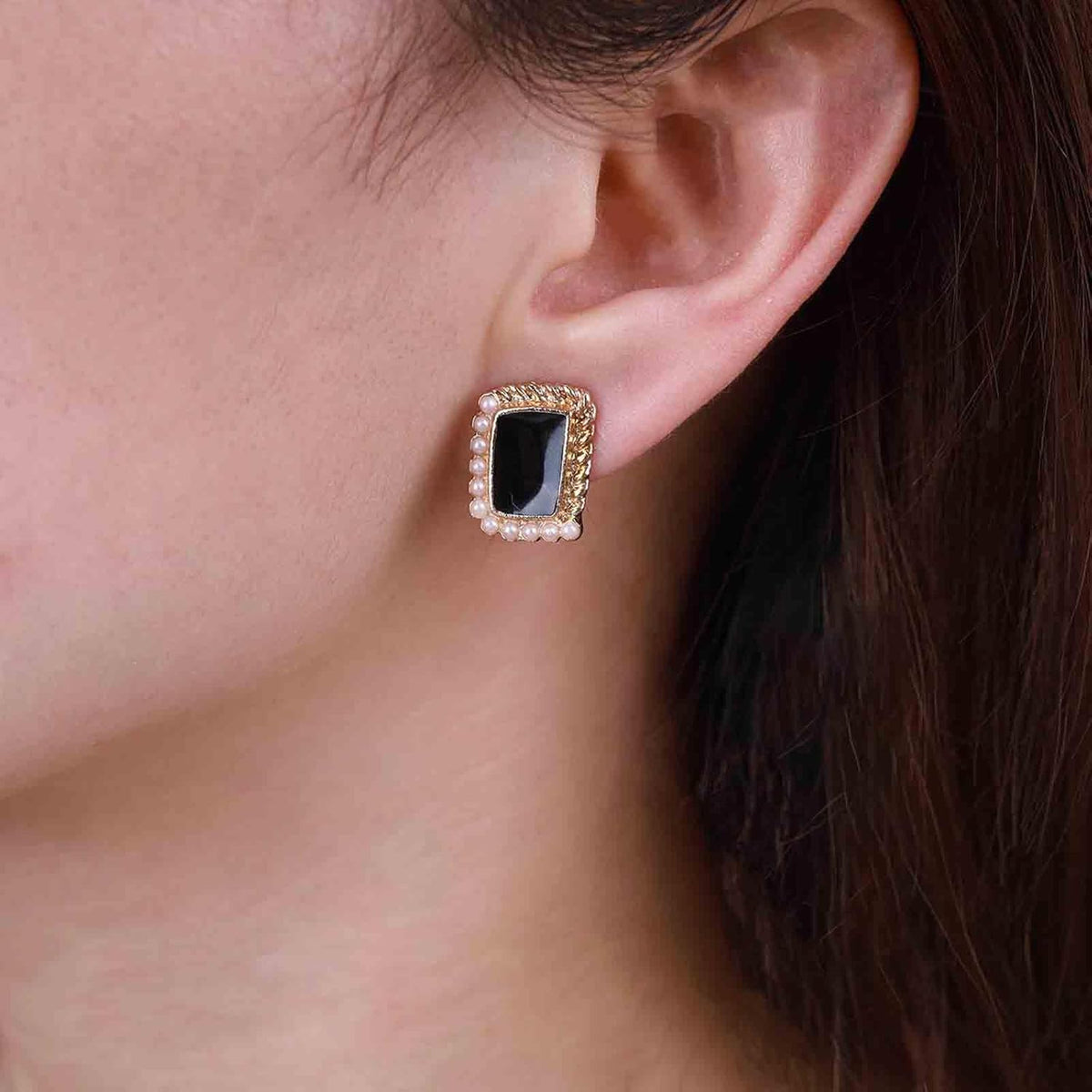 Vintage Black Square Earrings Onyx Square Stud Earrings Black Enamel Square Earrings Tiny Pearl Square Stud Earrings Jewelry for Women