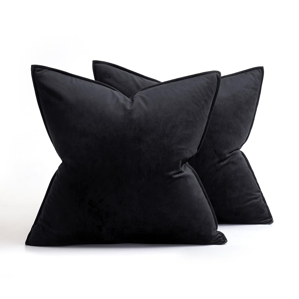 MIULEE Pack of 2 Decorative Velvet Throw Pillow Cover Soft Pillowcase Solid Square Cushion Case for Sofa Bedroom Car 20x20 Inch 50x50 Cm Black