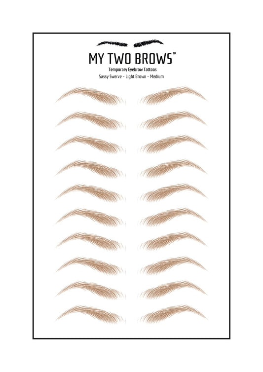 (10 pairs) Light Brown Temporary Eyebrow Tattoo - Medium Size - Waterproof & Smudgeproof - Sassy Swerve Style Eyebrow Stickers - Sheet Lasts up to 30 Days - Won't Work on Existing Brows