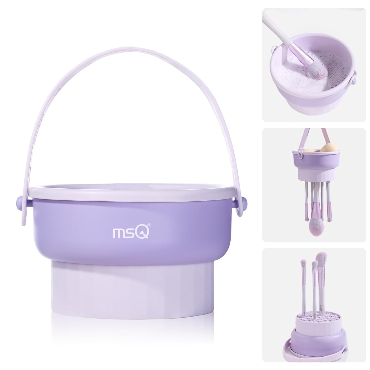 Makeup Brush Cleaning Mat, MSQ 3 In 1 Silicone Makeup Brush Cleaner Bowl with Brush Drying Holder, Makeup Brush Scrubber, Makeup Sponge, Powder Puff (Purple)
