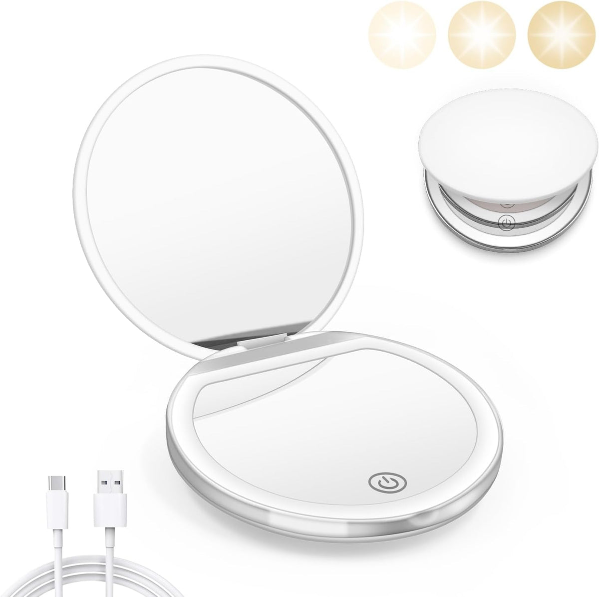 Compact Mirror with Light, 1X/3X Magnification LED Pocket Mirror with USB Data Cable,Mini Mirror for Purse, Pocket,Travel and Present (White)