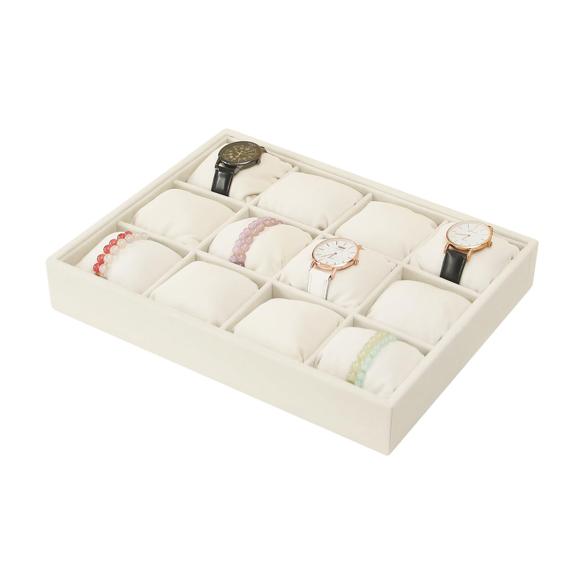Coward Beige Velvet Watch Bangle Organizer Tray, Velvet 12 Grids Tray for Watches Bracelets Jade Bangle Holder Selling Show