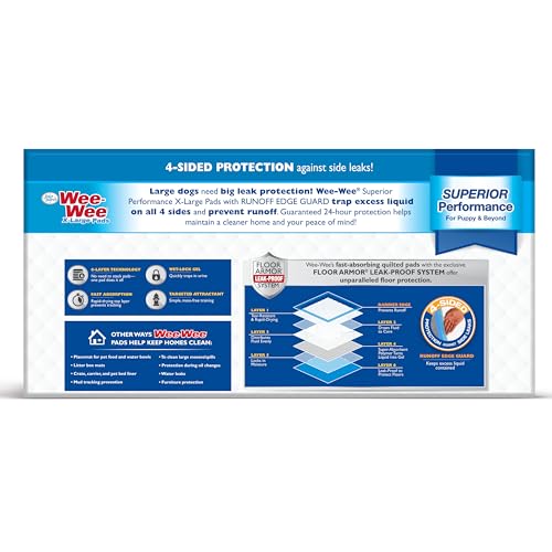 Four Paws Wee-Wee Superior Performance Unscented Extra-Large Pee Pads for Dogs & Puppies, Quilted Leak-Proof Dog Housebreaking Potty Training Floor Protection, 28" x 34", 21 Count